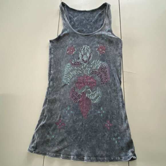 Distressed/Washed Gray Rhinestone Fleur De Lis Grunge Tank Top, Sz S - Picture 1 of 11